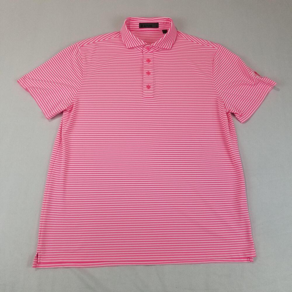 G/FORE Polo Shirt Mens Large Pink White Striped Golf Performance 4 Button Skull